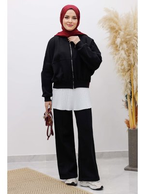 Siyah Fermuarlı Şardonlu Eşofman Takım