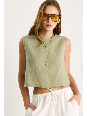 Açık Haki Kolsuz Keten Bluz