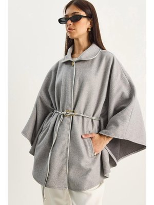 Gri Cep Detaylı Suni Deri Kemerli Kaşe Panço