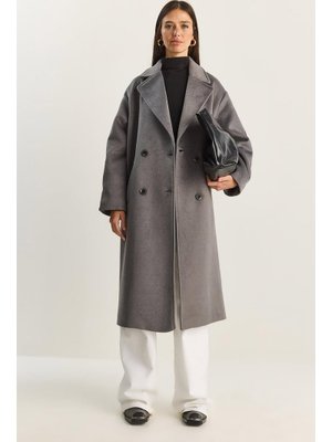 Koyu Gri Kruvaze Yaka Astarlı Oversize Uzun Kaşe Kaban