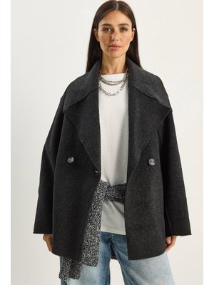 Antrasit Geniş Yaka Cep Detaylı Oversize Kaşe Kaban