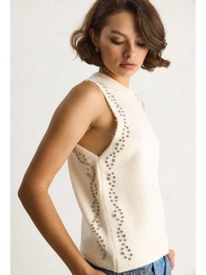 Ekru Taş İşlemeli Triko Bluz