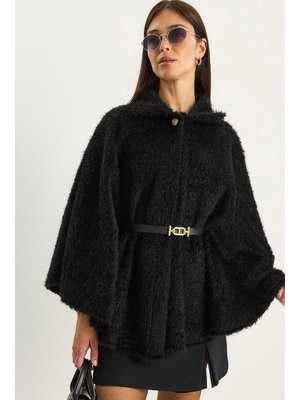 Siyah Tek Düğmeli Beli Kemerli Sakallı Yumoş Panço