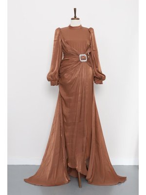 Kahverengi Önü Taş Detaylı Abiye Elbise