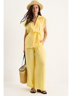 Limon Sarısı Kuşaklı Yelek Cep Detaylı Palazzo Pantolonlu Modal Takım