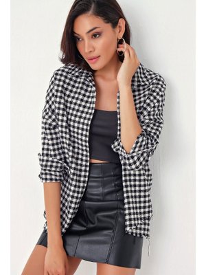 Beyaz Ekose Desen Oversize Oduncu Gömlek Siyah
