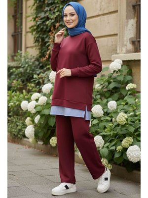 Bordo Eteği Çizgili Modal İkili Takım