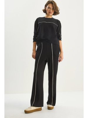 Siyah Biseklet Yaka Uzun Kollu Üst Beli Lastikli Salaş Alt Biye Detaylı Modal Takım