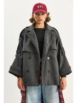 Antrasit Apolet Detaylı Astarlı Kuşaklı Cepli Kısa Kaşe Kaban