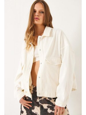 Ekru Dört Cepli Çıtçıt Kapamalı Gabardin Mevsimlik Ceket