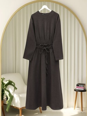 Kahve Beli Drapeli Çift Bağcıklı Selanik Elbise