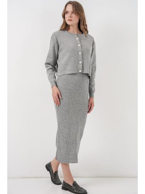 Gri Hırka Elbise Triko İkili Takım