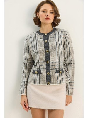 Ekru Antrasit Gold Düğme Detaylı Bisiklet Yaka Hırka