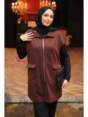 Kahverengi Yakası Ve Beli Stoper Lastikli Cepli Scuba Yelek