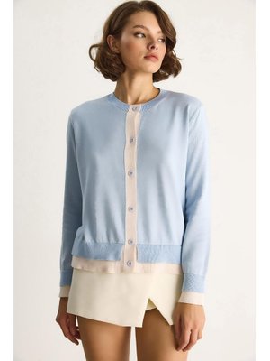 Bebe Mavisi Kontrast Renkli Bisiklet Yaka Önü Düğme Kapamalı Hırka