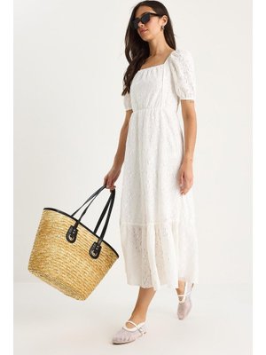 Beyaz Kare Yaka Beli Lastikli Karpuz Kollu Astarlı Örme Brode Elbise