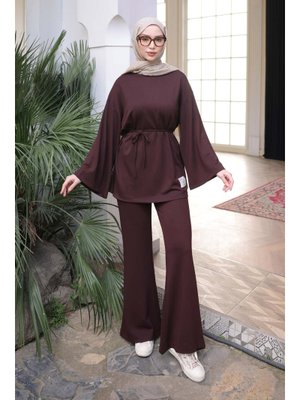 Kahverengi Armalı Tunik Pantolonlu Modal Takım