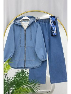 Mavi Fermuar Detaylı Pantolonlu Kot Takım