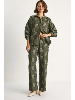 Haki Oversize Gömlek Beli Lastikli Pantolon Saçaklı Dokuma Alt Üst Takım