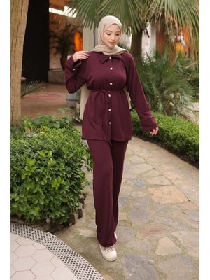 Mürdüm Fitilli Bel Bağlamalıı Tunik Pantolonlu Takım