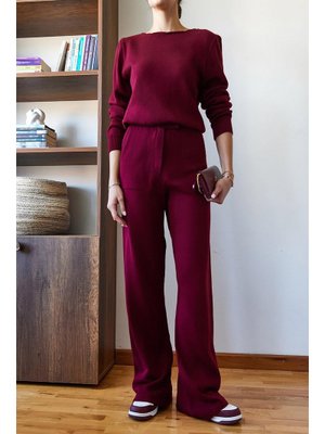 Bordo Beli Cırt Detaylı Basic Triko Alt Üst Takım