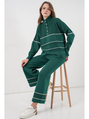 Zümrüt Yeşili Çizgili Oversize Triko İkili Takım