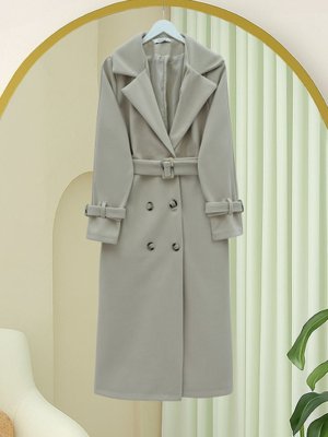 Bej Önü Düğmeli Beli Ve Kolu Kemerli Cepli Astarlı Kaşe Kap