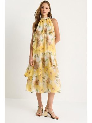 Sarı Yeşil Halter Yaka Aksesuar Detaylı Volanlı Viskon Elbise