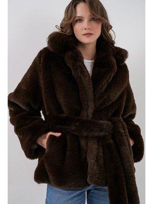 Kahverengi Peluş Kürk Mont