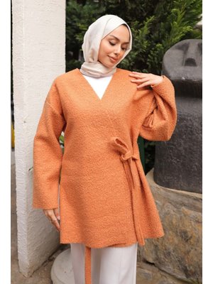 Camel Yan Bağlamalı Buklet Kimono Ceket