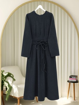 Antrasit Beli Drapeli Çift Bağcıklı Selanik Elbise