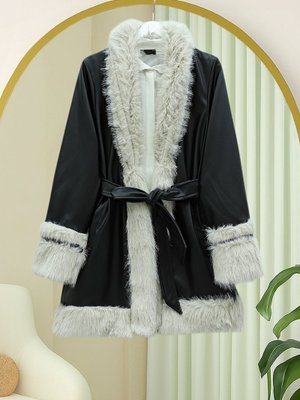 Siyah Yakası Ve Kolu Kürklü Astarlı Kemerli Deri Ceket