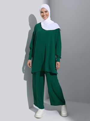 Zümrüt Yeşili Aerobin Cep Detaylı İkili Tunik Pantolon Takım