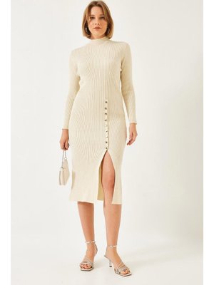 Ekru Fitilli Düğmeli Triko Elbise