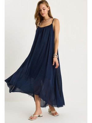 Lacivert İnce Askılı Salaş Astarlı Pamuklı Yazlık Elbise