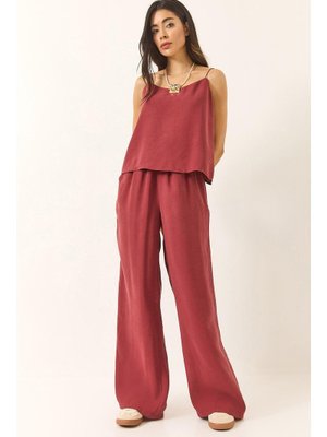 Bordo Askılı Dokuma Modal Bluz Pantolon Alt Üst Takım