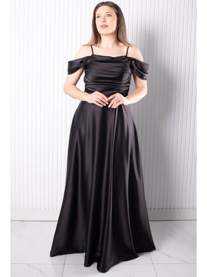 Siyah Askılı Saten Abiye Elbise