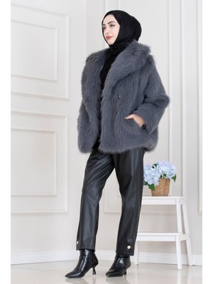 Antrasit Şal Yaka Cırt Cırtlı Suni Kürk