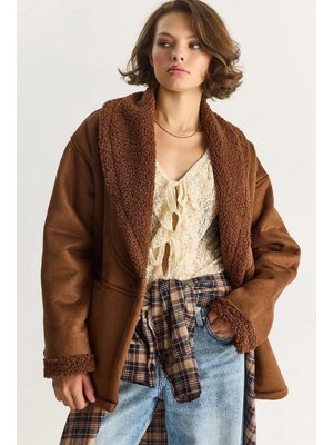 Açık Kahve İçi Kürklü Cep Detaylı Şal Yaka Süet Kaban