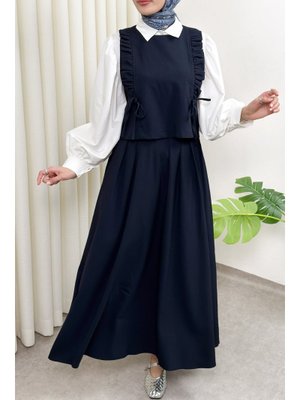 Lacivert Bağcıklı Yelekli Takım