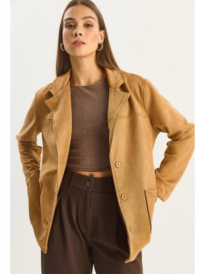 Camel Cep Detaylı Kuşaklı Süet Ceket