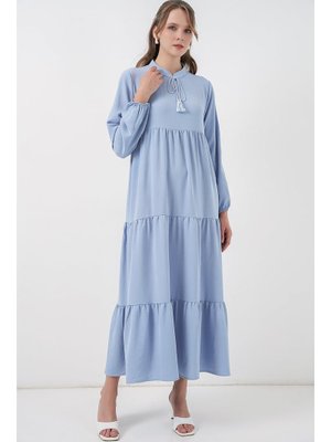 Koyu Mavi Yaka Bağcıklı Elbise