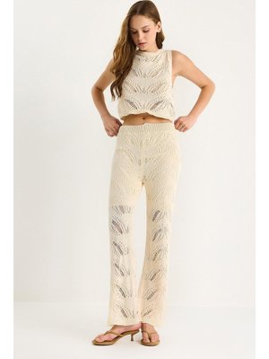 Ekru Zigzag Desenli Crop Bluz Yüksel Bel Bol Pantolon Alt Üst Takım