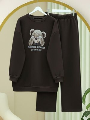 K. Kahve Ayıcık Baskılı Şardonlu İplik Sweat Takım