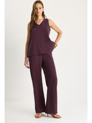 Patlıcan V Yaka Askılı Bluz Palazzo Pantolonlu Alt Üst Takım