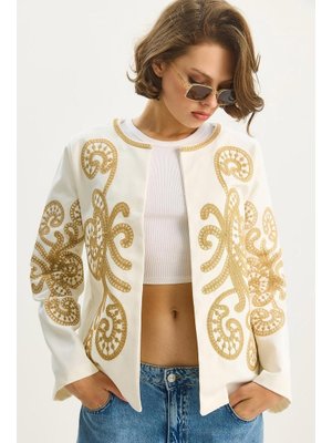 Krem Etnik Desen Süzene Nakış İşlemeli Uzun Kollu Gabardin Ceket