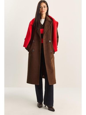 Acı Kahve Kruvaze Yaka Astarlı Oversize Uzun Kaşe Kaban