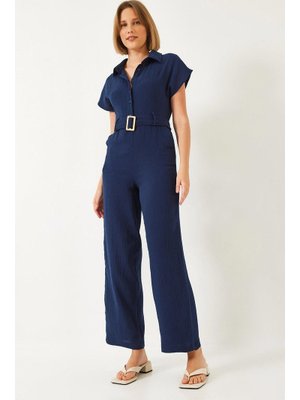 Lacivert Premium Kuşaklı Müslin Tulum