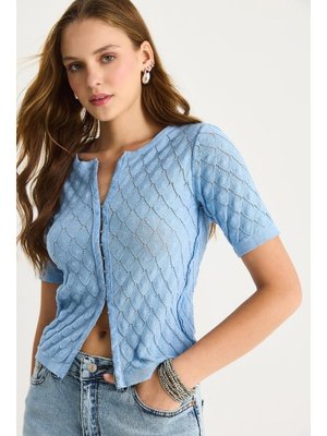 Bebe Mavisi Baklava Örgülü Kısa Kollu Triko Bluz