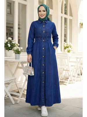 Belden Lastikli Cep Detaylı Koyu Kot Mavi Elbise